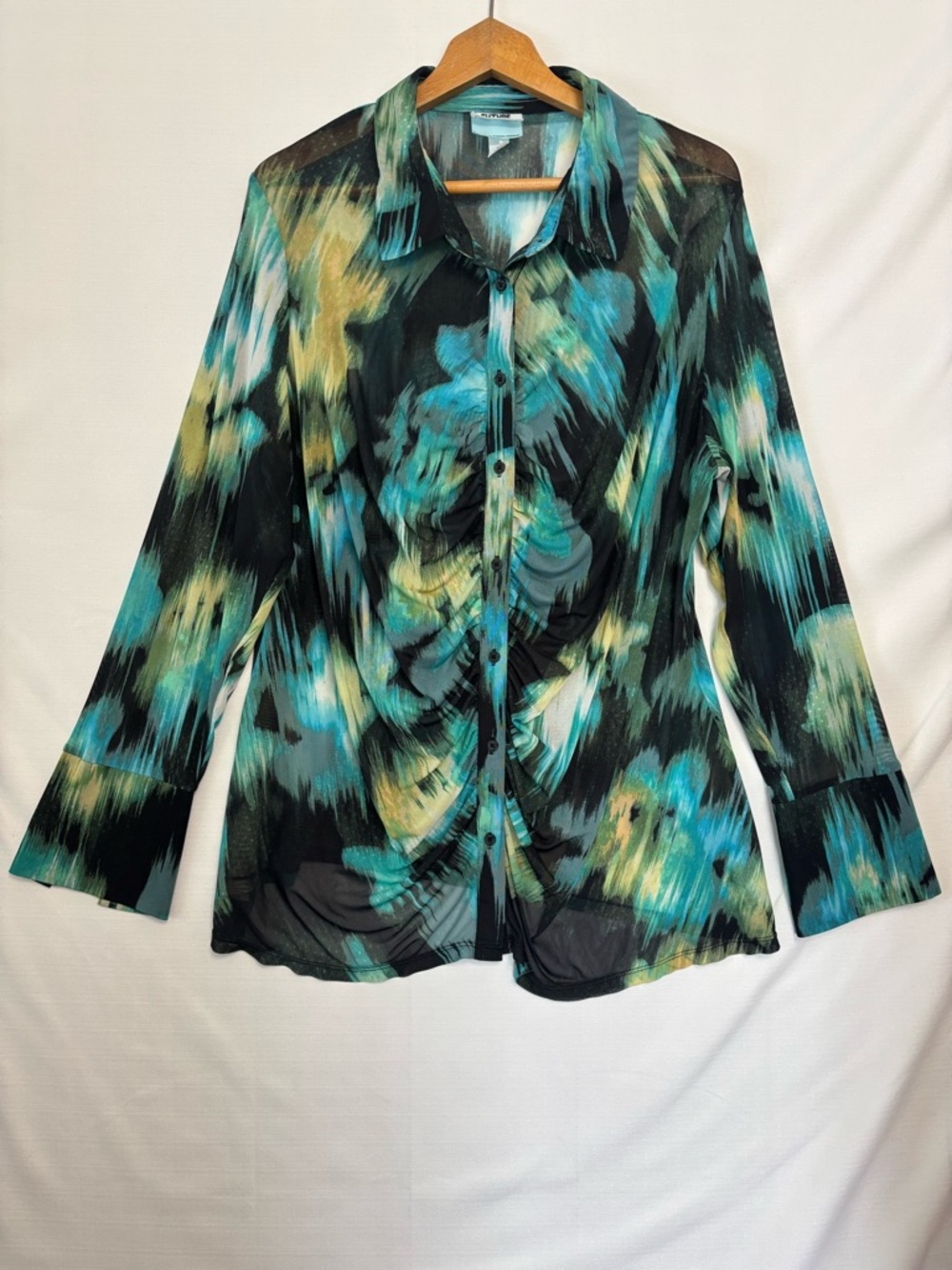 FUTURE COLLECTIVE Watercolor Print Mesh Button Front Blouse Size 2X